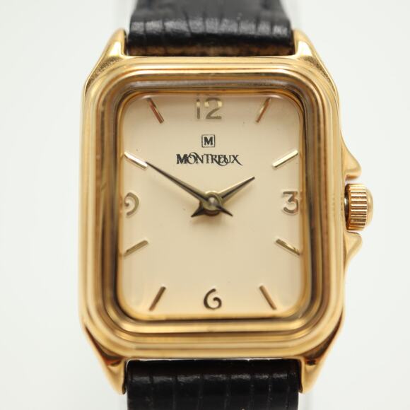 Vintage Montreux Swiss 19mm Gold Tone Tank Watch Black Leather w New Battery main image 7